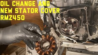 How to do oil change on 4 stroke dirt bike Suzuki RMZ 450 new stator cover [upl. by Foscalina]