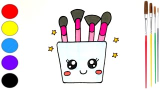 How To Draw Makeup Brushes Easy  Makeup Brushes Holder Drawing amp Colouring Step By Step For Kids [upl. by Eiknarf]