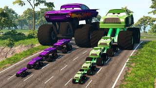 Double Flatbed Trailer Truck vs Speedbumps Train vs Cars Tractor vs Train BeamngDrive 1054 [upl. by Arised]