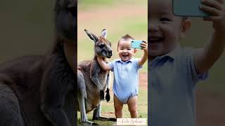 Baby and Kangaroo are taking a selfie on the phone baby cute shortsvideo [upl. by Trilly560]