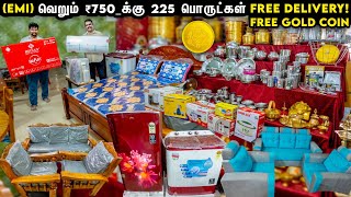 EMIல் வெறும் ரூ750க்கு 225 பொருட்கள் 🚚 Free Delivery 🪙 Free Gold Coin  trending furniture [upl. by Ennaeirrac]