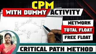 Critical Path Method with Dummy Activity  CPM Network  Critical Path  Total Floats amp Free Floats [upl. by Atiuqad18]