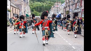 Massed Pipes amp Drums parade through Deeside town to start the Ballater Highland Games 2018 [upl. by Pfaff67]