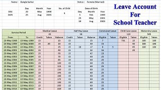 SERVICE BOOK School Teachers LEAVE Calculation Excel Sheet [upl. by Butterfield]