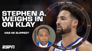 Stephen A Klay Thompson looks like hes SLIPPED TREMENDOUSLY 😳  First Take [upl. by Calista]