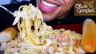 ASMR OLIVE GARDEN CREAMY ALFREDO SHRIMP PASTA MUKBANG  STICKY EATING SOUNDS BIG BITES NO TALKING [upl. by Igig]