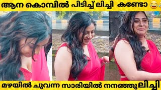 ആന കൊമ്പിൽ പിടിച്ചു അന്ന മഴയത് ചുവന്ന സാരിയിൽ ഈറനണിഞ്ഞു ലിച്ചി ഉദ്ഘടനത്തിന് Anna rajan  red saree [upl. by Clary]