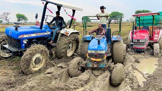 3 tractor Pulling together Mahindra Arjun NOVO 605 di 4wd Stuck in Mud Eicher 485  New Hollad 5500 [upl. by Peggi]