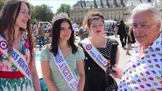 Miss Montmartre la 1ère Dauphine et Miss Songeons participent à la 15e Traversée de Paris estivale [upl. by Brittani]