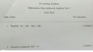 Sets Indices and Algebra Test 1  JS Learning Academy [upl. by Benedick702]