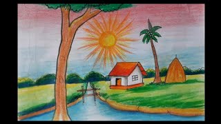 Simple village drawing  Easy Oil pastel Scenery drawing  Village morning drawing easy [upl. by Nydroj]