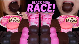 ASMR BLACK PINK DESSERT RACE DOVE ICE CREAM MOCHI ICE CREAM HELLO KITTY DESSERT CUPS KITKATS 먹방 [upl. by Cheadle]