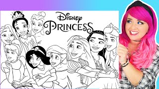 Coloring Disney Princess Coloring Pages  Ariel Jasmine Rapunzel Cinderella Belle Moana amp Tiana [upl. by Inattirb]