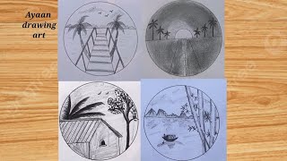 Easy 5 beautiful pictures drawing with pencil step by stepHow to draw a circle scenery with pencil [upl. by Yekim240]