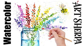 BEGINNERS Easy How to Paint Watercolor Step by step FLOWERS MASON JAR BEE  The Art Sherpa [upl. by Siol]