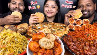 MUKBANG WITH A NEW GUEST🙏🏼 STREET FOOD PARTY PIZZA BURGER NOODLES MOMOS SHAWARMA EATING SHOW [upl. by Duhl]