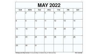 Printable May 2022 Calendar Templates with Holidays  Wiki Calendar [upl. by Irtimed]