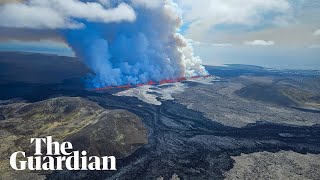 Iceland volcano erupts for fifth time shooting lava 50m into air [upl. by Darsey]