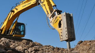 Doosan130 Excavator With Hydraulic Jackhammer Breaking Rock [upl. by Tebor]