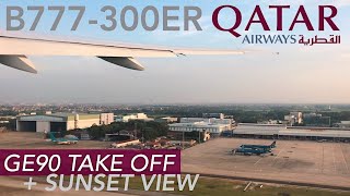 QATAR AIRWAYS B777300ER Powerful GE90 Take Off from Hanoi  Sunset View [upl. by Nolos]