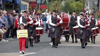 Barrhead amp District Pipe Band playing in street parade marching to 2023 Pitlochry Highland Games [upl. by Ayenet971]