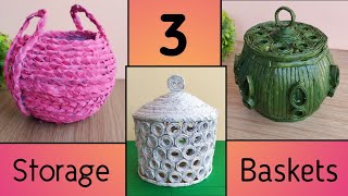 DIY 3 Storage Basket  Newspaper basket making idea  Newspaper craft [upl. by Refotsirc]