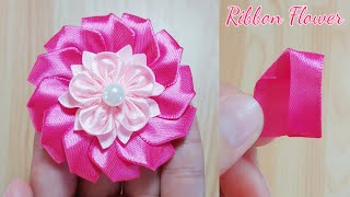 Kanzashi ribbon flower tutorialSatin ribbon craftRibbon flowers easyDiy flower making [upl. by Porty]