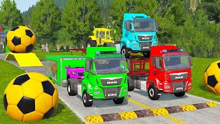 Double Flatbed Trailer Truck vs Speedbumps Train vs Cars Tractor vs Train BeamngDrive [upl. by Antebi]