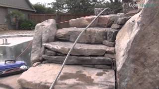 Natural Stone Stairway with Boulders up to a Rooftop Garden above Grotto Waterfalls for Pool Design [upl. by Nnyllatsyrc751]