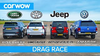 VW Amarok v Land Cruiser v Land Rover Discovery v Jeep  DRAG RACE ROLLING RACE amp BRAKE TEST [upl. by Shirlee]