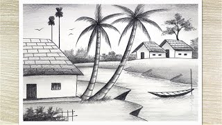 How to Draw Village Scenery with Pencil Sketch Nature Pencil Drawing for Beginners [upl. by Ahsed]