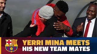 Yerry Mina greets his fellow Barça players for the first time [upl. by Enael]