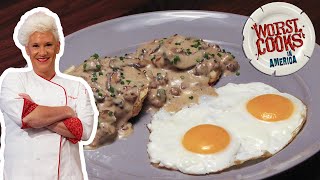 Anne Burrells Eggs amp Biscuits with SausageMushroom Gravy  Worst Cooks in America  Food Network [upl. by Ees887]