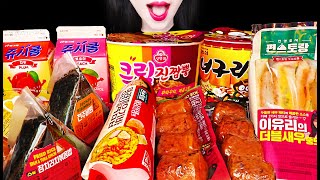 ASMR CONVENIENCE STORE FOODS SAUSAGE KIMBAP SPICY NOODLES 편의점 먹방 MUKBANG [upl. by Tanney]