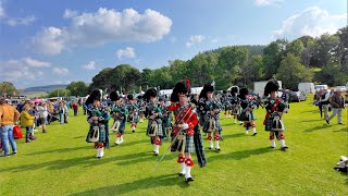 Drum Major Esson leads Ballater Pipe Band playing on the march during 2024 Lonach Highland Games [upl. by Eikceb]