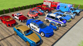 TRANSPORTING CARS AMBULANCE POLICE CARS FIRE TRUCK OF COLORS WITH TRUCKS  FS 22 [upl. by Geri]