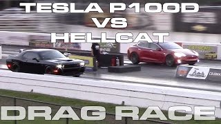 Tesla Model S P100D vs Dodge Challenger Hellcat on Drag Radials Drag Racing 14 Mile [upl. by Aeret]