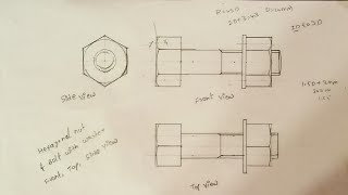 hexagonal nut and bolt front view top view side view  engineering drawing 2nd semester [upl. by Yursa724]