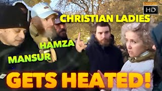 NEW P1  it gets heated Hamza amp Mansur Vs Christian Ladies  Speakers Corner  Hyde park [upl. by Aratahc727]