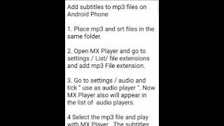 Add srt subtitles to mp3 files on Android Phone using MX Player  2 [upl. by Esilec]