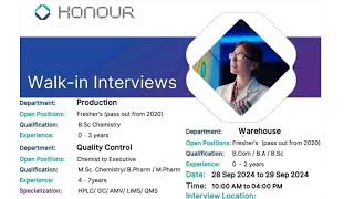 Freshers Production Warehouse department Walkin interviews at Honour [upl. by Holtz]