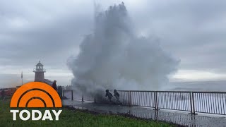 Rogue waves slam California beach knocking down onlookers [upl. by Adnir]