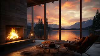 Sunset Lake amp Fireplace Ambience Relaxing Evening by the Shore with Soothing Sounds  Resting Area [upl. by Linneman]