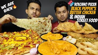 Dominos New Volcano Cheese Pizza BEST Butter Chicken Pyaaj Kachori Pani Puri Samosa Chowmein [upl. by Gefell]