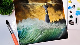 Lighthouse in a Stormy Seashore  sunset lighthouse acrylic painting Acrylic Painting for Beginners [upl. by Occor]