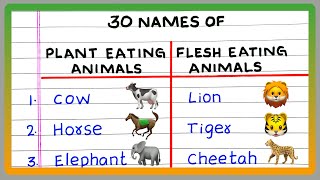 PLANT EATING AND FLESH EATING ANIMALS  10  20  30 NAMES OF PLANT EATING AND FLESH EATING ANIMALS [upl. by Llet]