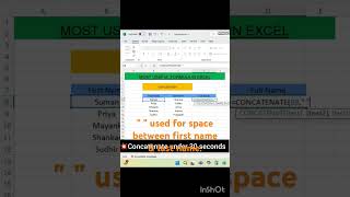 Learn concatenate under 30 seconds exceltutorial excelformula interviewquestions [upl. by Pippas]