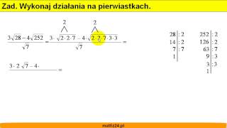 Wykonaj niezbędne działania na pierwiastkach  Odejmowanie i dzielenie pierwiastków  Matfiz24pl [upl. by Arondell777]