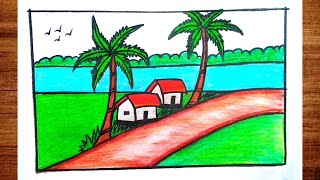 একটি গ্রামের দৃশ্য আঁকা। Easy village scenery drawing for beginner [upl. by Adnilahs]