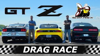 2023 Nissan Z vs Mustang GT vs Dodge Challenger Scat Pack  DRAG amp ROLL RACE [upl. by Skinner]